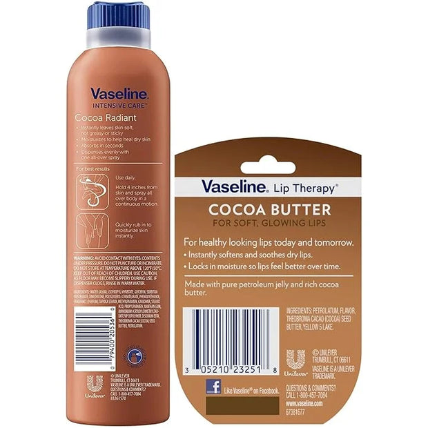 Vaseline Cocoa Radiant Spray Body Lotion 2-Pack + Mini Lip Therapy for Soft, Glowing Skin & Lips - Product Image