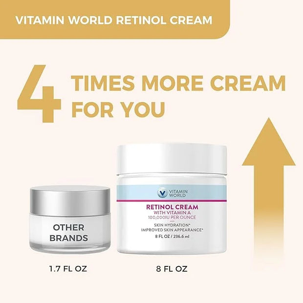 Vitamin World Retinol Cream 100,000 IU 8 oz., Gentle Retinol Night Cream for Face with Retinyl Palmitate & Dual Vitamin E ...