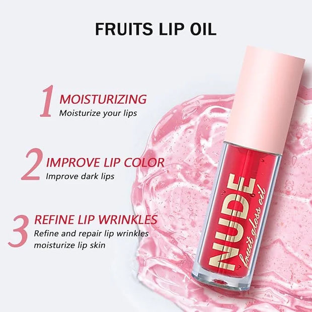 4 Pcs Plumping Lip Oil, Moisturizing Hydrating Lip Glow Oil Fruit Big Brush Head Lip Gloss Kit Smooth Glossy Finish Tinted...
