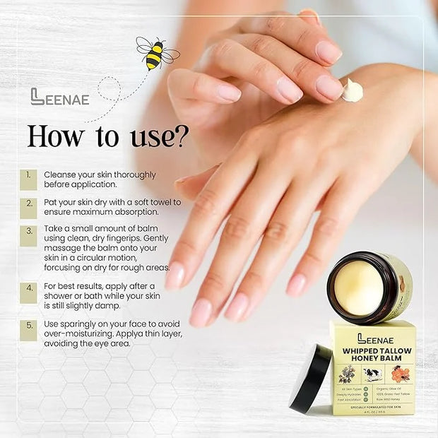 Whipped Beef Tallow Honey Balm | Grass Fed Tallow Face Moisturizer | Natural Unscented Beef Tallow for Skin with Olive Oil...