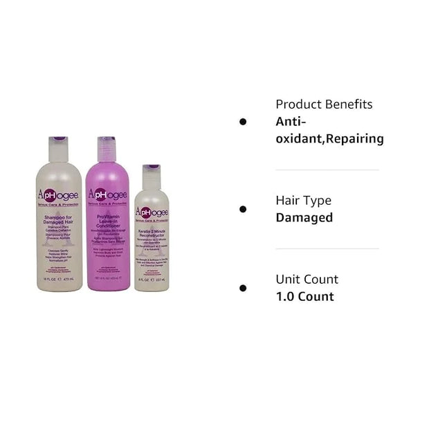 ApHogee Shampoo for Damaged Hair 16 Fl Oz, ProVitamin Leave-In Conditioner 16 Fl Oz, Keratin 2 Minute Reconstructor 8 Fl O...