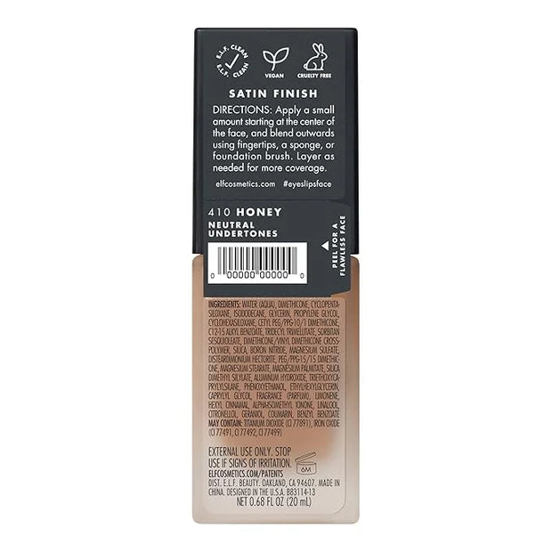 e.l.f. Flawless Satin Foundation, Lightweight & Medium Coverage, Semi-Matte Finish, Vegan & Cruelty-Free, Honey, 0.68 Fl O...