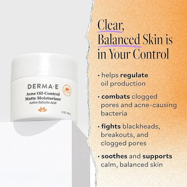 DERMA E Acne Oil Control Face Moisturizer, 2 Oz, Matte Moisturizer with Salicylic Acid, Tea Tree Oil & Aloe Vera, Face Cre...