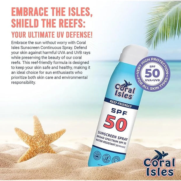 Reef Safe Sunscreen Spray SPF 50 - Broad Spectrum UVA/UVB Protection - Octinoxate & Oxybenzone Free - Hawaii Compliant - N...