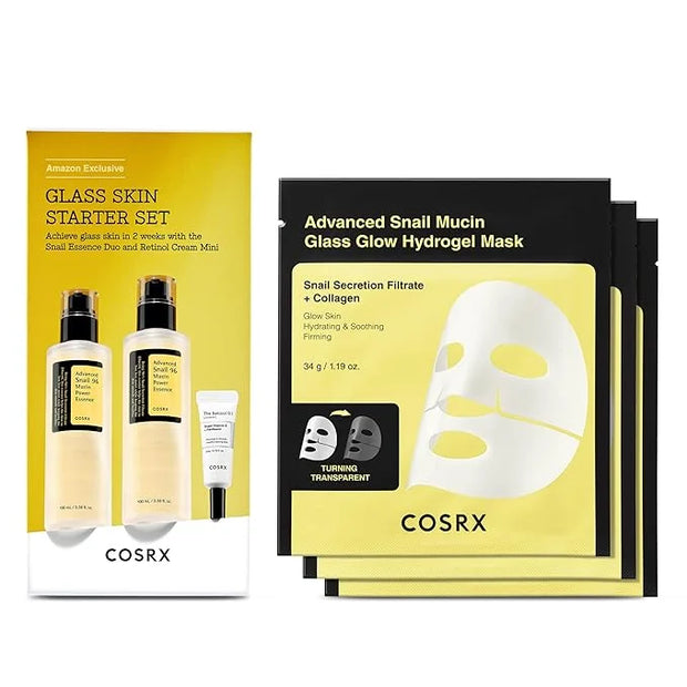 COSRX Glass Skin Starter Set + Hydrogel Mask 3EA- Snail 96% Essence Duo and Glass Glow Hydrogel Collagen Face Mask, Travel...