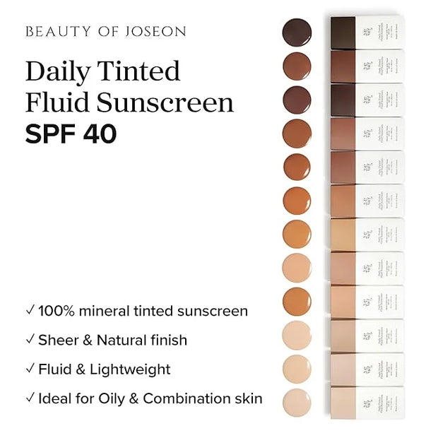 Beauty of Joseon Daily Tinted Fluid Sunscreen 12 Shades for Face Moisturizing Broad Spectrum SPF 40 Korean Skincare 50ml, ...