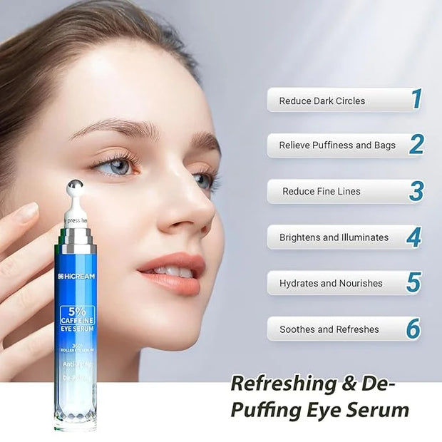 Eye Cream with 5% Caffeine Hyaluronic Acid for Puffy, Fine Lines, Dark Circles and Wrinkles, Under Eye Serum with 360° Rol...