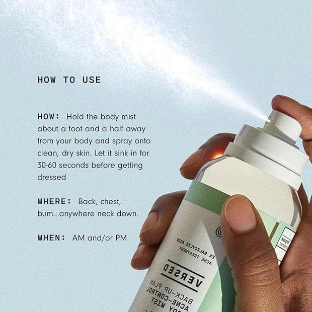 Versed Back-Up Acne Control Body Mist - All Over Blemish Spot Treatment + Salicylic Acid Spray with Tea Tree Oil & Witch H...