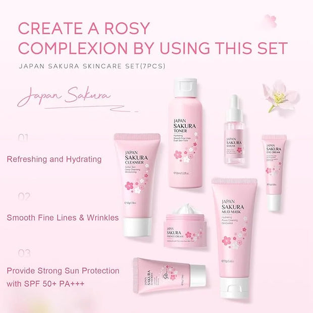 Skin Care Set JAPAN-SAKURA Women Beauty Gift Sets Skin Care Kit, Self-Care Skincare Set: Cleanser,Toner,Serum,Cream,Mud Ma...