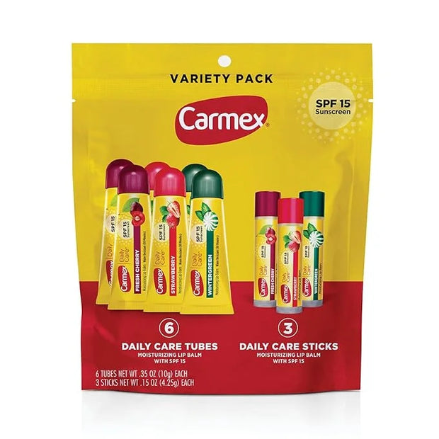 Carmex Daily Care Moisturizing Lip Balm Pack, SPF 15, Multi-Flavor Lip Care Variety Pack Bag, 9 Count (6 Tubes, 3 Sticks) ...