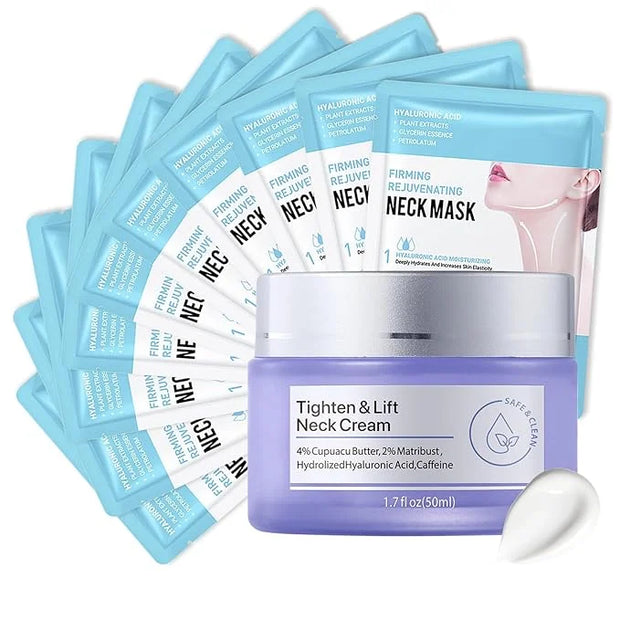 Neck Firming Cream and Neck Mask Set,Non-greasy Tighten Face Cream Skincare Moisturizer, 10 Pieces Deep Moisturizing Masks...