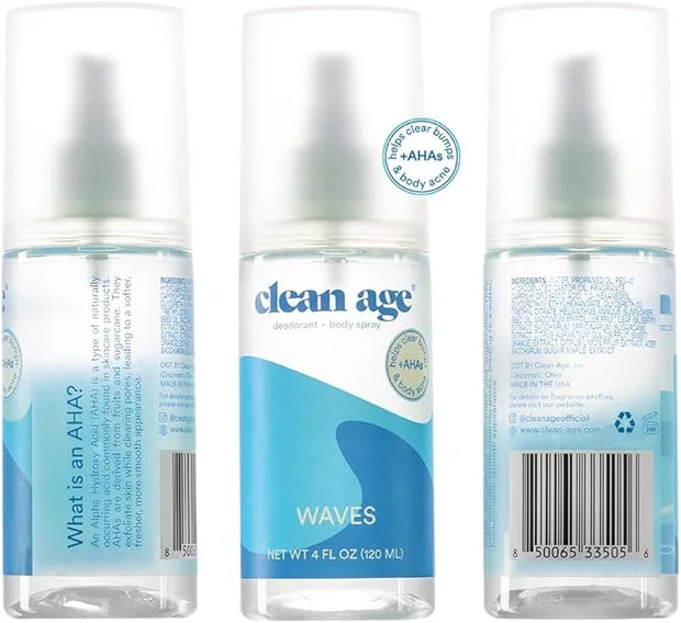 Aluminum Free Deodorant & Body Spray for Whole Body - Waves 4oz (2 Pack) Clean Deodorant and Body Spray for Teen Boys and ...