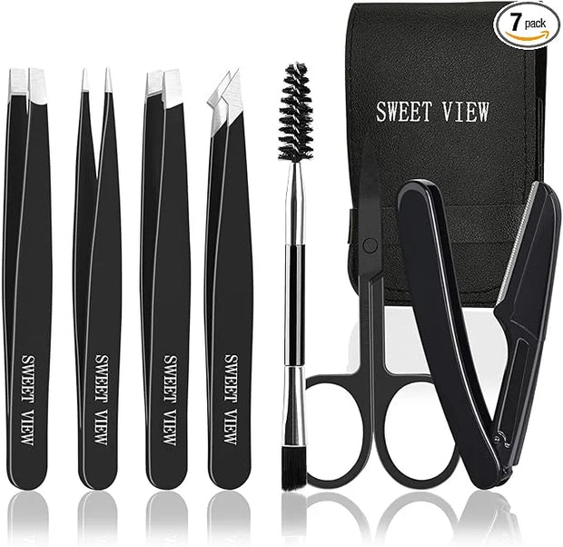 7pcs Eyebrow Tweezers Kit for Women Precision Plucker with Brow Scissors & Razor & Spoolie for Facial, Chin, Brow, Splinte...