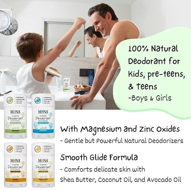MONA 100% Natural Deodorant for Kids, Preteens & Teens | No Baking Soda, Synthetic Scents or Aluminum | Safe for Girls & B...