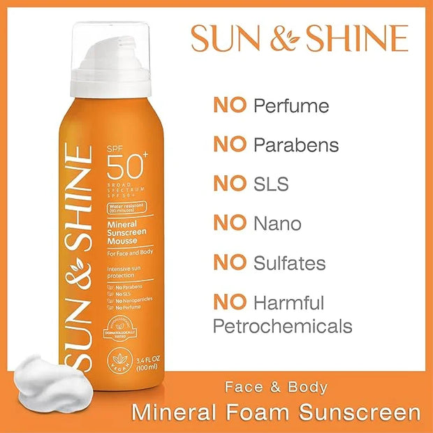 SUN & SHINE MINERAL SUNSCREEN MOUSSE: 100% mineral zinc oxide SPF50 Broad Spectrum UVA UVB, Face Body Protection, Sunburn ...