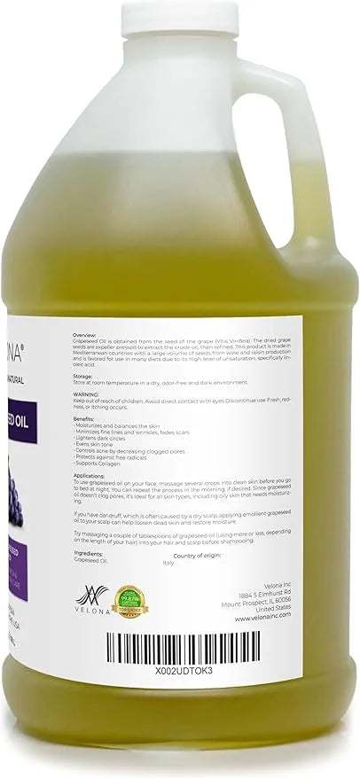 velona Grapeseed Oil 1 Gallon / 128 Fl Oz | 100% Pure and Natural Carrier Oil | Refined, Cold pressed | Cooking, Skin, Fac...