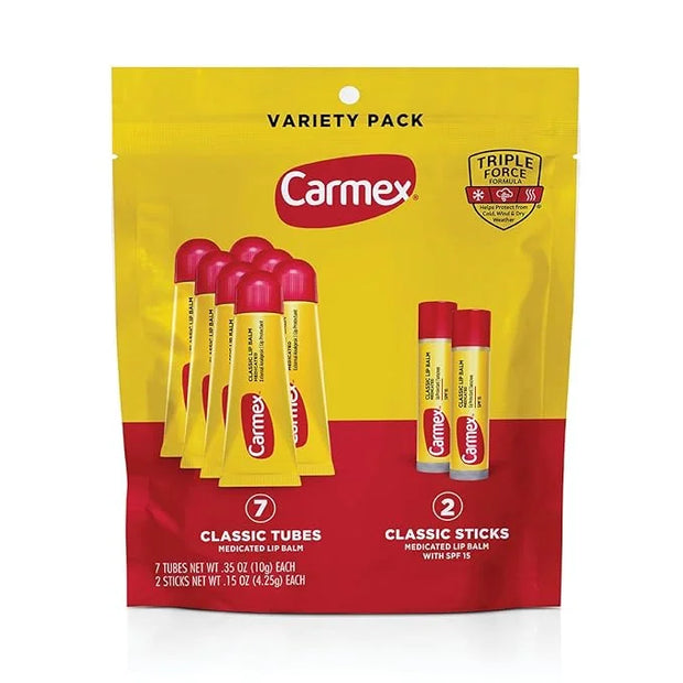 Carmex Classic Medicated Lip Balm Pack, Lip Moisturizer for Chapped Lips, 9-Count Variety Pack Bag (7 Tubes, 2 Sticks) - P...