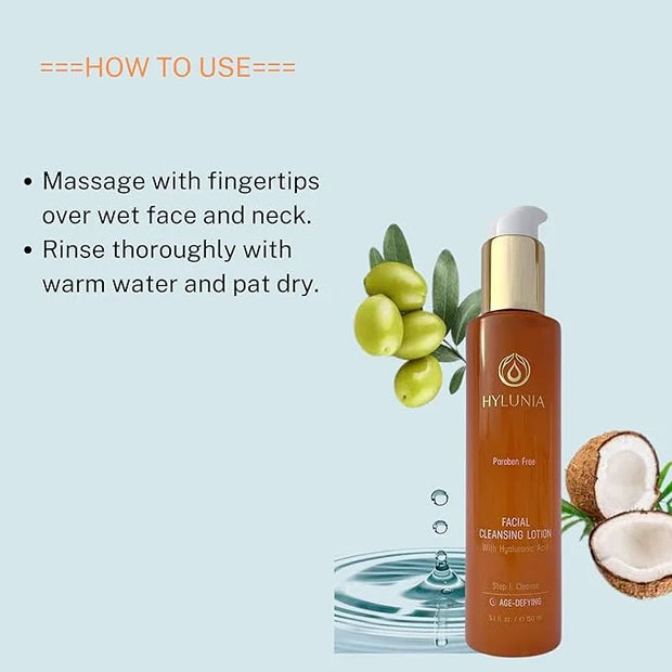 Hylunia Skincare Gentle Cleansing Lotion 5.1 oz with Hyaluronic Acid & Olive Oil Squalene – Hydrating, Non-Drying, pH Bala...