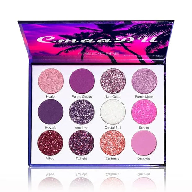 Purple Pink Glitter Eyeshadow Palette - 12 Color Shimmer High Pigmented Powder Lasting Waterproof Colorful Eyeshadow Palet...