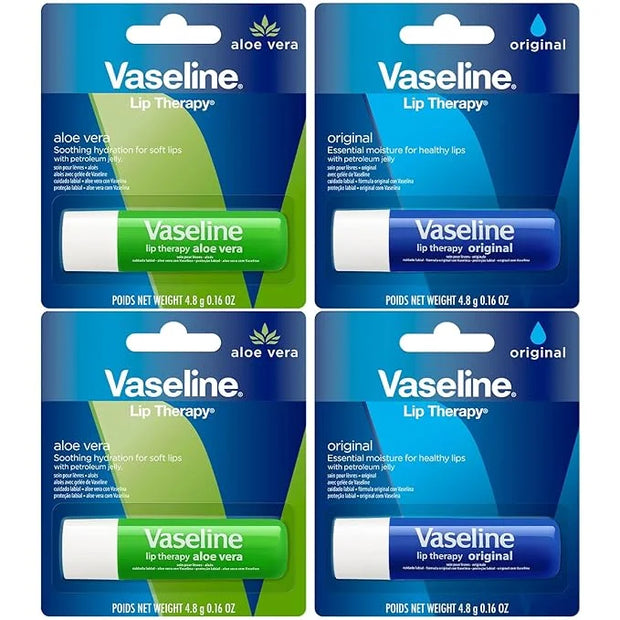 Vaseline Lip Therapy Variety 4-Pack – Original + Aloe Vera Moisturizing Lip Balm with Vitamin E, 0.16 Oz Ea - Product Image