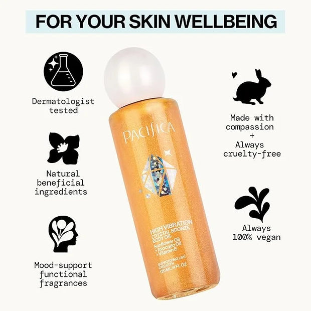 Pacifica Bronzing Body Oil – Crystal Bronze Shimmering Oil for Natural Sun-Kissed Glow, Hydrating Body Illuminator, Vanill...