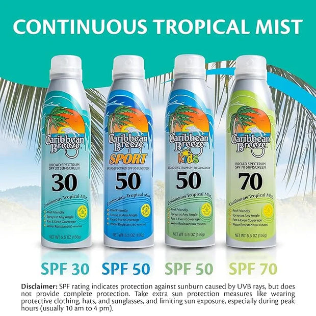 Caribbean Breeze Continuous Tropical Mist SPF 30 Sunscreen Spray, Reef Safe Sunscreen Spray, Up to 80 Minutes Water Resist...