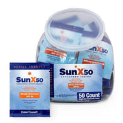 Sun X 50 SPF Individual Sunscreen Packets Travel Size - 50 Pack Fishbowl of Paraben, Oxybenzone, & White Cast Free Broad S...