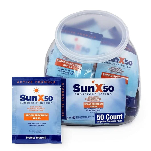 Sun X 50 SPF Individual Sunscreen Packets Travel Size - 50 Pack Fishbowl of Paraben, Oxybenzone, & White Cast Free Broad S...