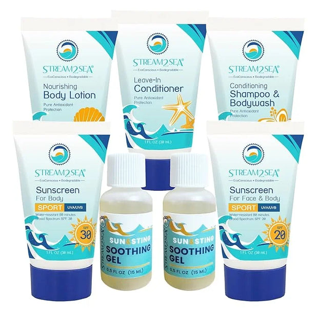 STREAM 2 SEA 6 Pack Natural Travel Sized Toiletries, 1oz Paraben Free Sample Size Shampoo, Conditioner, Lotion, Mineral Su...