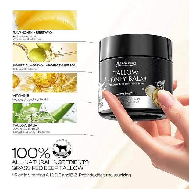 Beef Tallow for Skin: Tallow Honey Balm for Dry Skin - Organic Grass Fed Whipped Beef Tallow Moisturizer for Face Body at ...