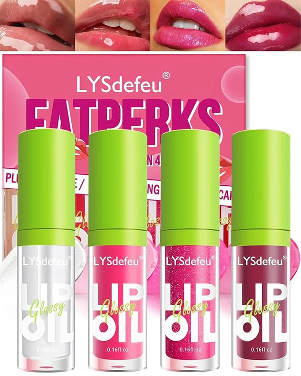 4 Colors Lip Oil Lip Glaze,Hydrating Tinted Plumping Lip Gloss,Clear Pink Shiny Glow Reviver Lip Care Oil,Longlasting Non-...