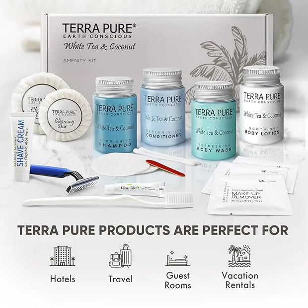 Terra Pure White Tea & Coconut Amenity & Accessory Kit |1oz Travel Size Shampoo, Conditioner, Lotion, Body Wash, 2 Cleansi...
