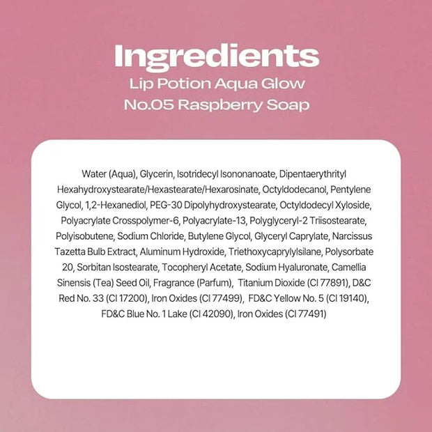 Lip Potion Aqua Glow No.5 Raspberry Soap | Hydrating, Non-Sticky Gloss with Sheer Radiance | 0.3 Oz - Product Image