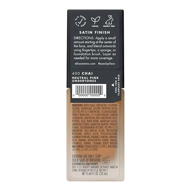 e.l.f. Flawless Satin Foundation, Lightweight & Medium Coverage, Semi-Matte Finish, Vegan & Cruelty-Free, Chai, 0.68 Fl Oz...