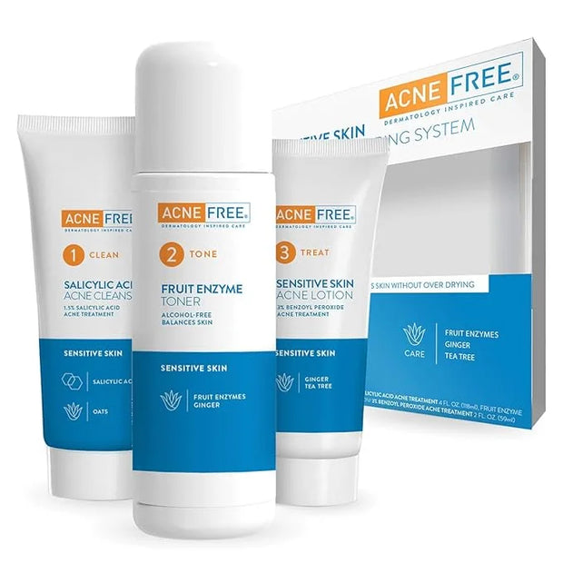 Acne Free 3-Step Acne Treatment Kit with Salicylic Acid Face Wash, Alcohol-Free Toner, & Benzoyl Peroxide Lotion for Sensi...
