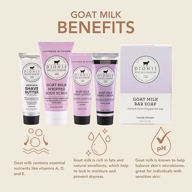 Dionis Goat Milk Lavender Blossom 6 Pc Self-Care Travel Set + 8oz Whipped Body Scrub – Hydrating Exfoliation & Moisture Ki...