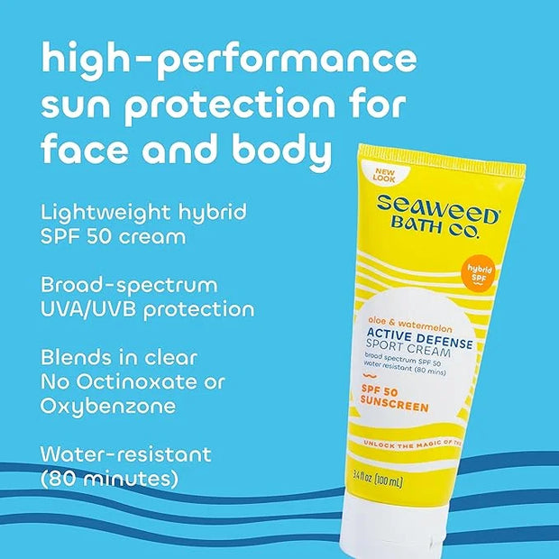 Seaweed Bath Co. Active Defense SPF 50 Sport Broad Spectrum Hybrid Sunscreen Cream, 3.4 Ounce (Pack of 2), Sustainably Har...