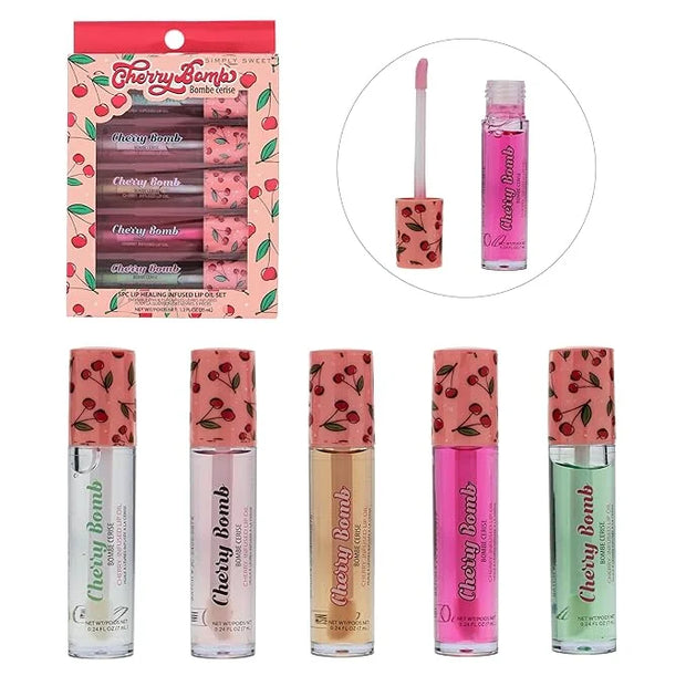 5pc Lip Oil Set - Cherry Bomb Lip Oils, Lip Healing Cherry Infused Lip Oil Collection with Precision Applicator Wand Every...