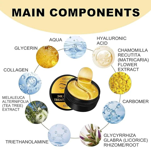 24K Gold Under Eye Patches - Hydrating Anti-Wrinkle Masks with Hyaluronic Acid, Vitamin C - Reduce Dark Circles, Puffiness...