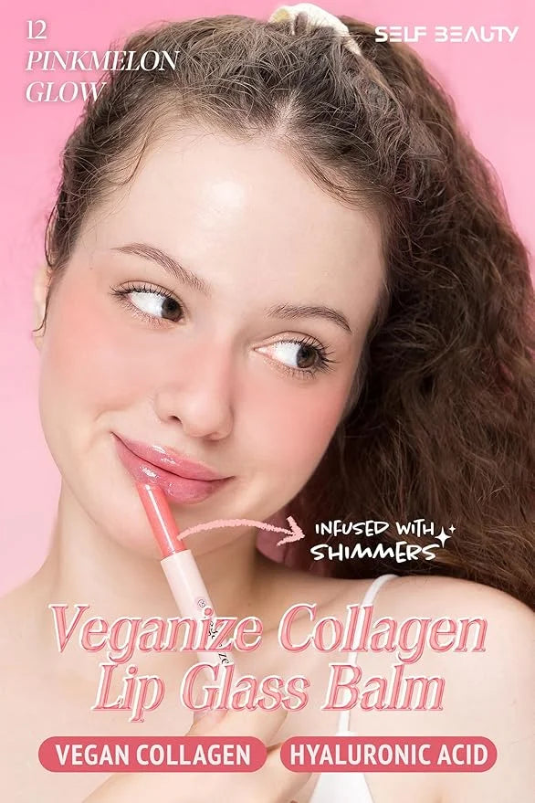 SELF BEAUTY Veganize Collagen Lip Glass Balm - Hydrating Lip w/Hyaluronic Acid - Vegan Korean Lip Balm Moisturizing Lip Ca...