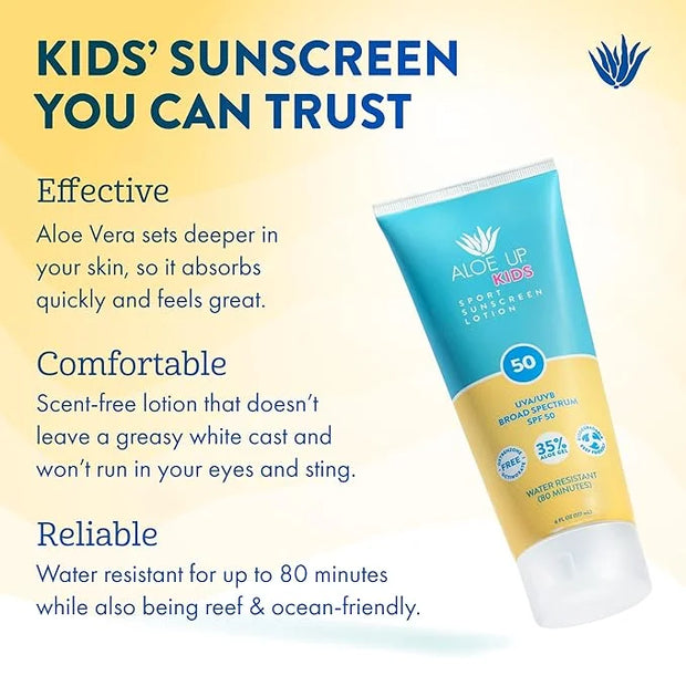 Aloe Up Kids Sport Sunscreen Lotion SPF 50 - Broad Spectrum Sheer Face and Body Sunscreen Protector for Sensitive Skin - W...