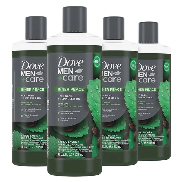 Dove Men+Care Body Wash Holy Basil + Hemp Seed Oil 4 Count to Rebuild Skin in the Shower with Plant-Based Cleansers and Mo...