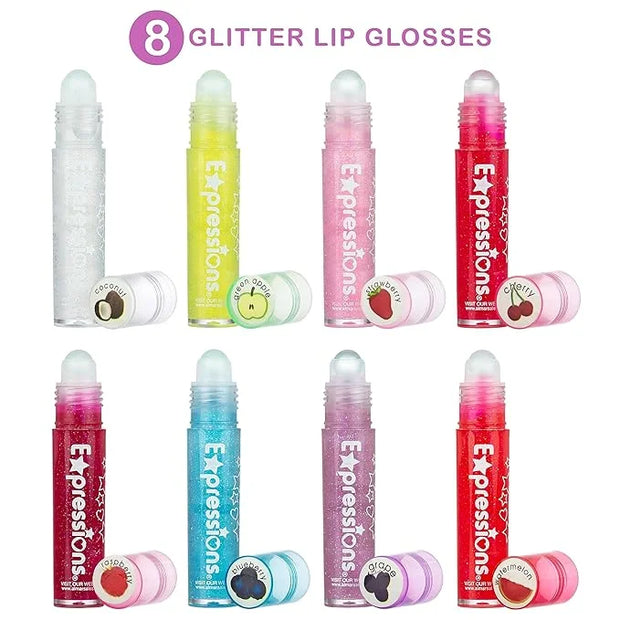 Expressions 8pc Roller-Ball Glitter Lip Gloss Set, 8 Assorted Fruit Flavored Roll On Rollerball Lip Gloss for Kids, Safe, ...