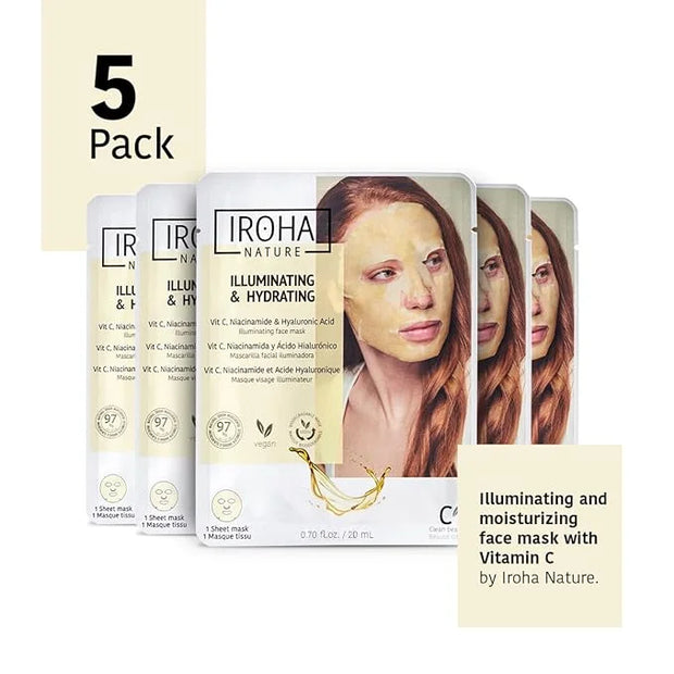 Vitamin C & Hyaluronic Acid Face Mask (5 Masks) + Eye Mask Patches with Vitamin C, Cucumber and Hyluronic Acid, Anti-Fatig...