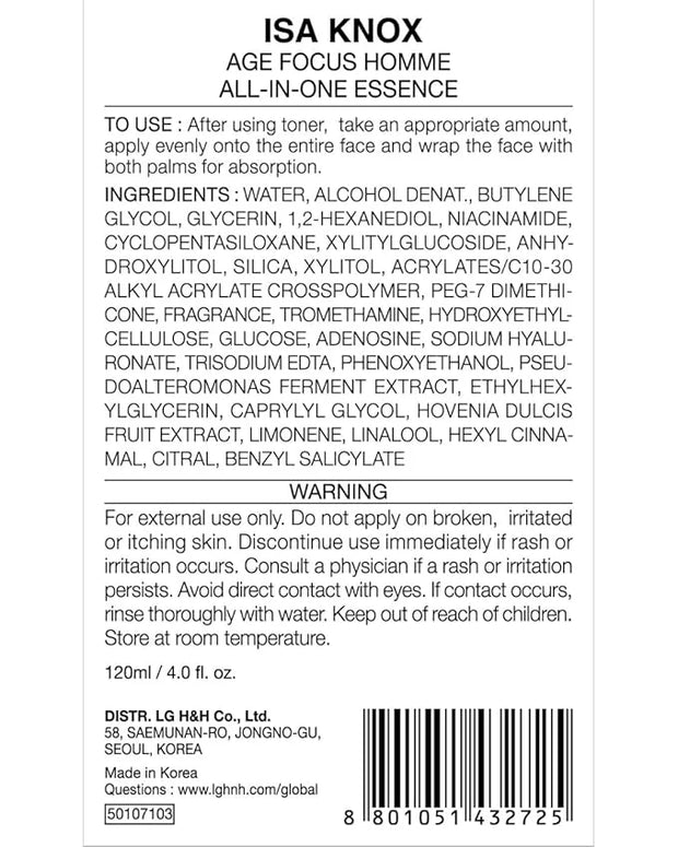 Isa Knox Age Focus Homme (All-in-one Essence, 4.1fl oz) - Refreshing and Moisturizing All-in-One Moisturizer, Protective B...