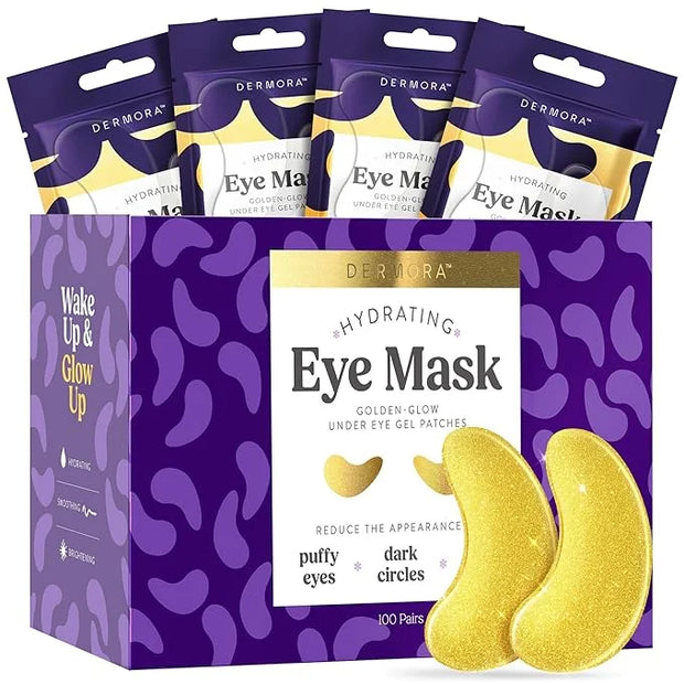 DERMORA Golden Glow Under Eye Patches (100 Pairs Eye Gels) - Rejuvenating Treatment for Dark Circles, Puffy Eyes, Refreshi...