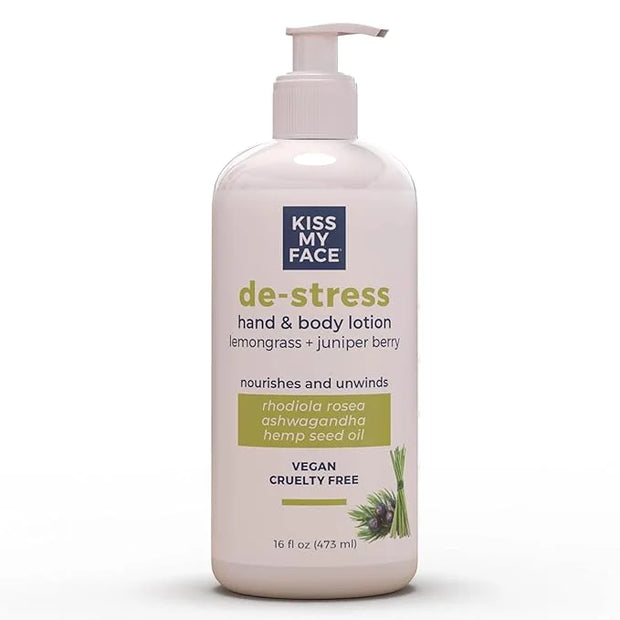 Kiss My Face De-Stress Hand & Body Lotion - Lemongrass + Juniper Berry - Soothing Rhodiola Rosea - With Hemp Seed Oil & As...