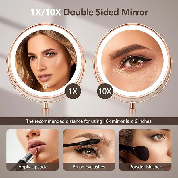 10X Large Lighted Makeup Mirror, Rechargeable 8" Height Adjustable Vanity Mirror, 1x/10x Magnifying Mirror with 3 Color, B...