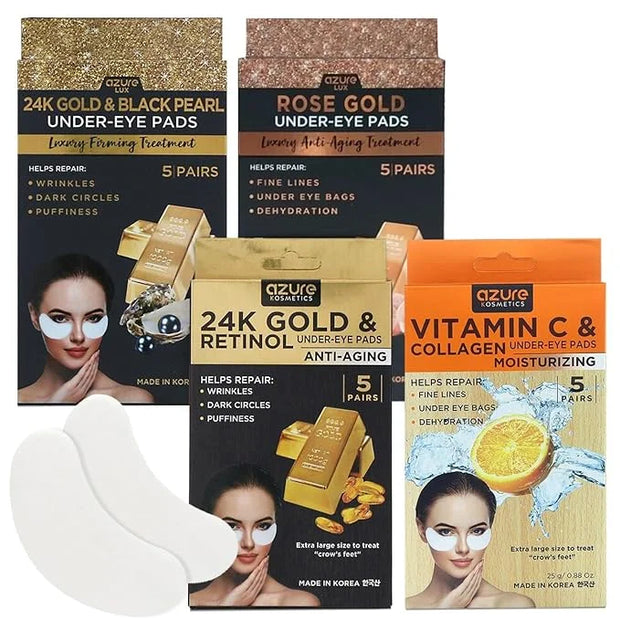 AZURE Anti-Aging Under Eye Mask Variety Pack - 24K Gold & Retinol, 24K Gold & Black Pearl, Rose Gold Luxury, Classic Anti-...