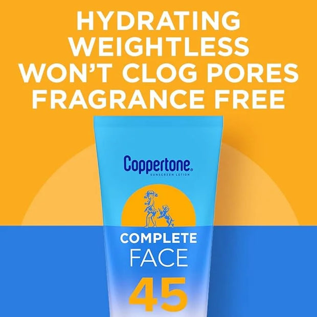 Coppertone Complete Face Sunscreen Lotion SPF 45, Weightless and Oil-Free, Water Resistant Sunscreen with Proven UVA/UVB P...